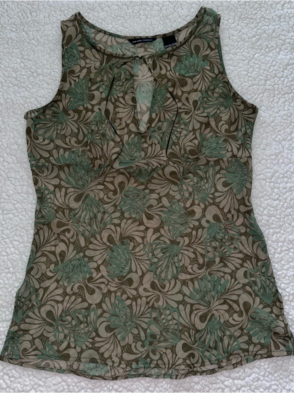 VTG Y2K sheer sleeveless green brown patterned ribbon fairy cottage whimsy top 8